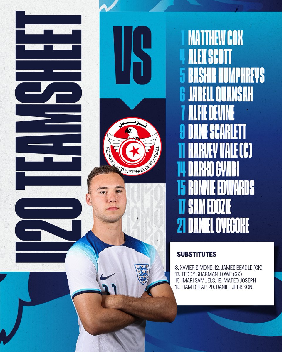 Your #YoungLions to take on Tunisia in their first #U20WC fixture! 🏴󠁧󠁢󠁥󠁮󠁧󠁿 Kick-off is 7pm BST and you can watch it live at fifaplus.com 📺