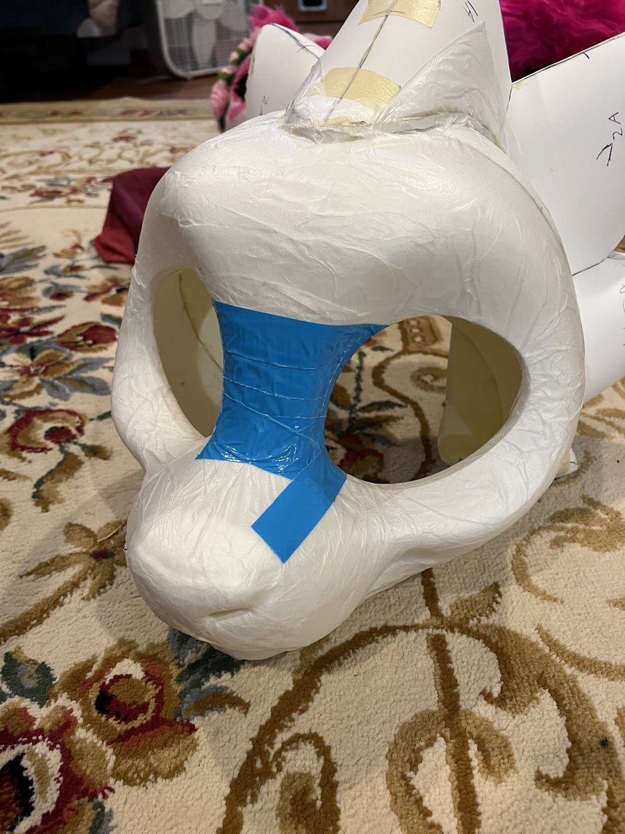 Furry_Feyry's tweet photo. Fursuit making pro tip: use Press’n Seal to wrap your base before tape patterning it, it’s stretchy and just sticky enough to stay in place, but it doesn’t leave any residue when removed. 1000% better than plastic wrap https://t.co/5ffliO3KNq
