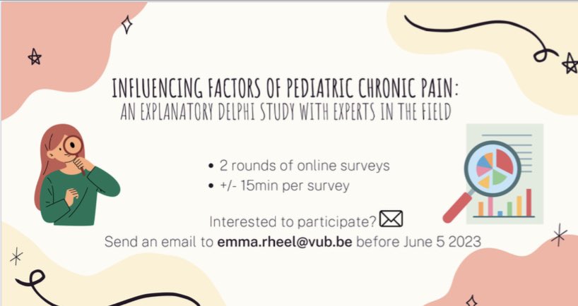 Pain in Childhood (@childpainsig) on Twitter photo Are you a <a href="/childpainSIG/">Pain in Childhood</a> member and do you want to participate in a 2-round Delphi study to reach consensus on factors influencing the development/maintenance of chronic pain in children? Contact @RheelEmma via emma.rheel@vub.be before June 5 to receive the survey link! Are you a <a href="/childpainSIG/">Pain in Childhood</a> member and do you want to participate in a 2-round Delphi study to reach consensus on factors influencing the development/maintenance of chronic pain in children? Contact @RheelEmma via emma.rheel@vub.be before June 5 to receive the survey link!