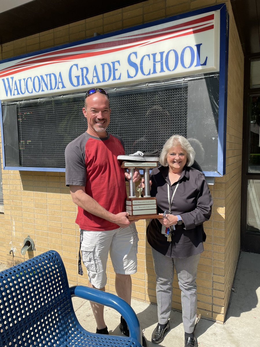 We are the Shoe Drive CHAMPIONS again!  WGS has won ever year (except for the Covid year) since 2017!  Many thanks to all of you for making it happen! 🏆Tom Shaw stopped by today to award us the coveted trophy. #d118life  #wgs118life <a href="/WaucondaGS118/">Wauconda G.S.</a>