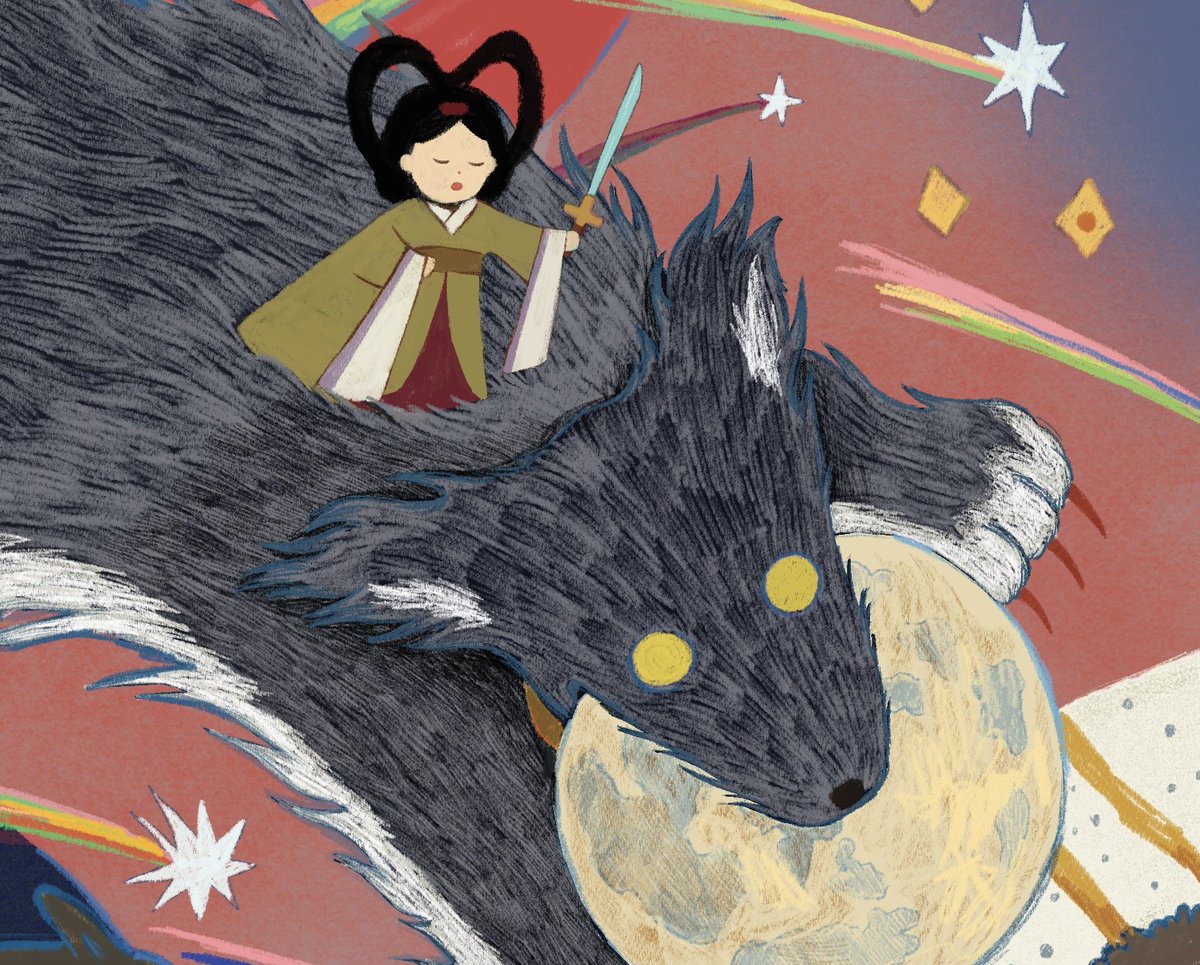 1girl moon black hair wolf closed eyes hair rings oversized animal  illustration images