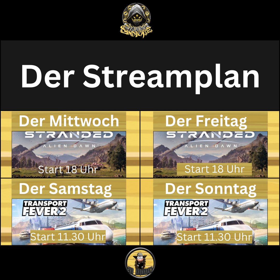 Evo_Kronkratz's tweet photo. So sieht der #streamplan für die neue Woche aus. 

https://t.co/KmJrHOxY9L

#twitch #twitchgermany #twitchstreamer #twitchstreaming #twitchtv #twitchde #transportfever2 #aliendawn #transportgames #simaltionsgames #aufbaugames #streamerstreamer
@SurvivalPiraten https://t.co/J3t6bCP1vk