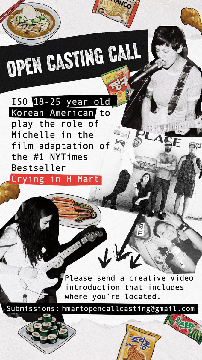 OPEN CASTING CALL searching for actors to play <a href="/Jbrekkie/">Japanese Breakfast</a> (Korean American 18-25) in the upcoming adaptation of CRYING IN H MART. Please send a creative video introduction that includes where you’re located. 

Submissions: hmartopencasting@gmail.com

Source: <a href="/Jbrekkie/">Japanese Breakfast</a> herself!