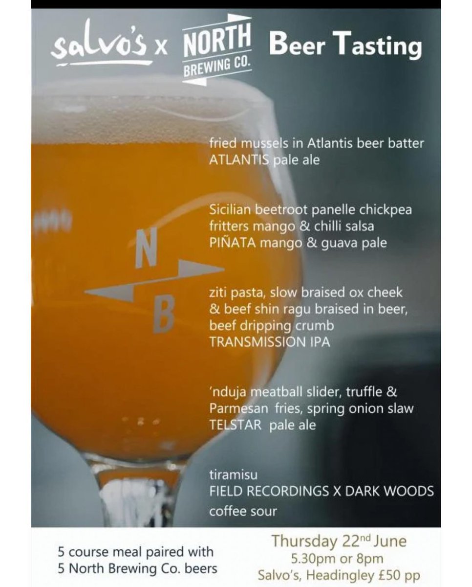 SALVOS X NORTH BREWING CO

We’re teaming up with the guys at @northbrewco to offer an amazing beer tasting complimented by Salvo’s historically Italian delicacies! Book at salvos.co.uk!