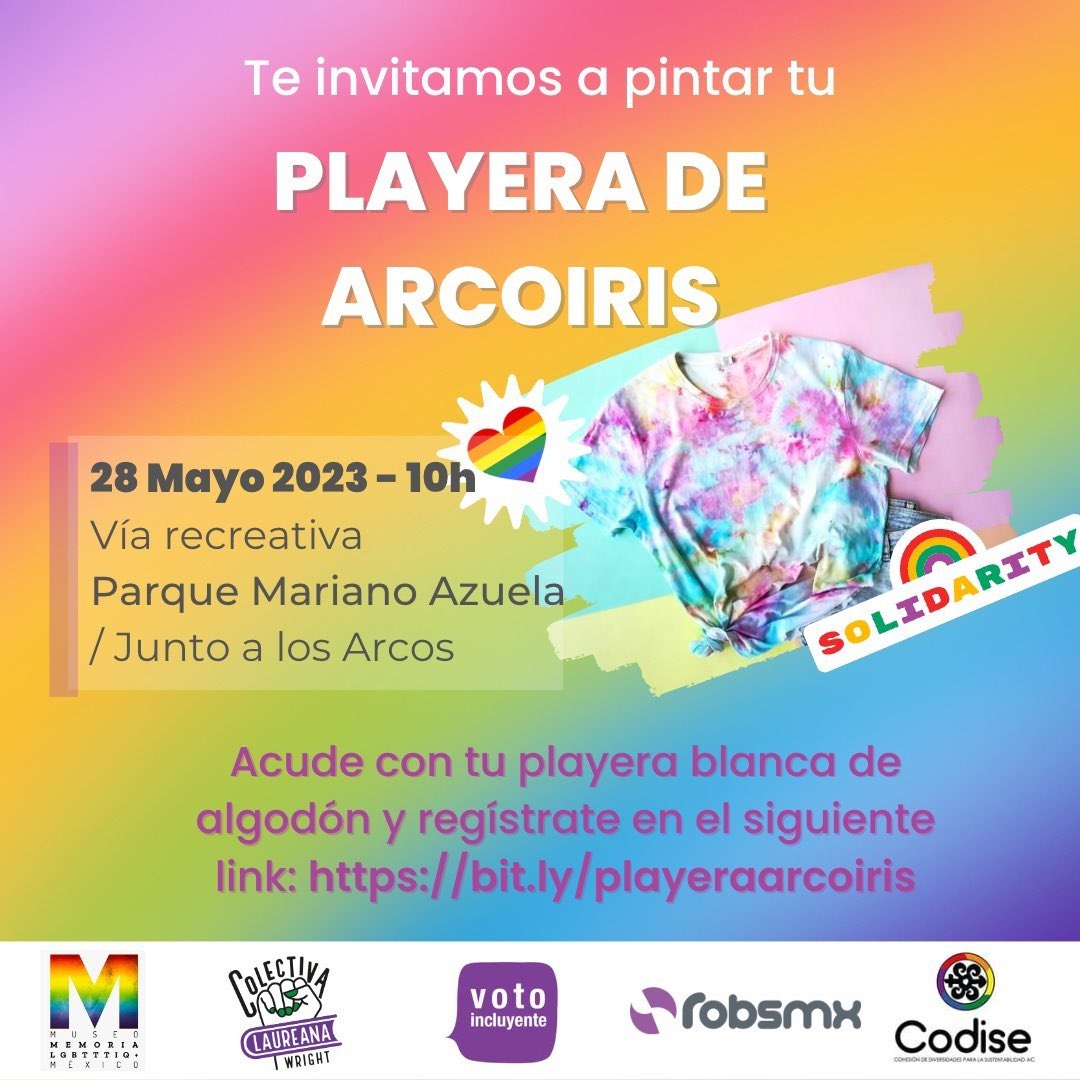CODISE_AC's tweet photo. Se viene el mes del orgullo y te invitamos a pintar tu playera arcoíris este domingo 28 de mayo de 10 a 12 hrs. en el Parque Mariano Azuela (junto a los arcos de Guadalajara) 
Trae una playera blanca o adquiere una ahí. Regístrate en el siguiente link: https://t.co/1pxD0PJC7N https://t.co/nCw1nagwiU