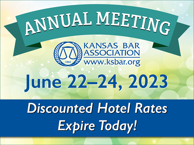KansasBar's tweet photo. Discounted hotel rates for attendees of the KBA Annual Meeting expire May 22! If you haven't registered for the Annual Meeting, now is a great time to do so and ensure you get our special hotel rates. https://t.co/Q256kr9R3T https://t.co/H813jJhEMN