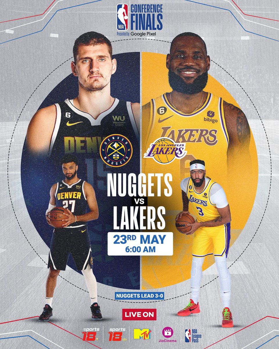 MTVIndia's tweet image. Denver Nuggets ki amazing 3 win streak ke baad, Lakers ko NBA Conference Finals ka har game jeetna padega to make it to the Finals!

Dekho NBA Conference Finals Live on MTV, Hindi mein

#NBAonMTV #NBALive
#NBALiveInIndia #NBAPlayoffs #conferencefinals #TuneIn