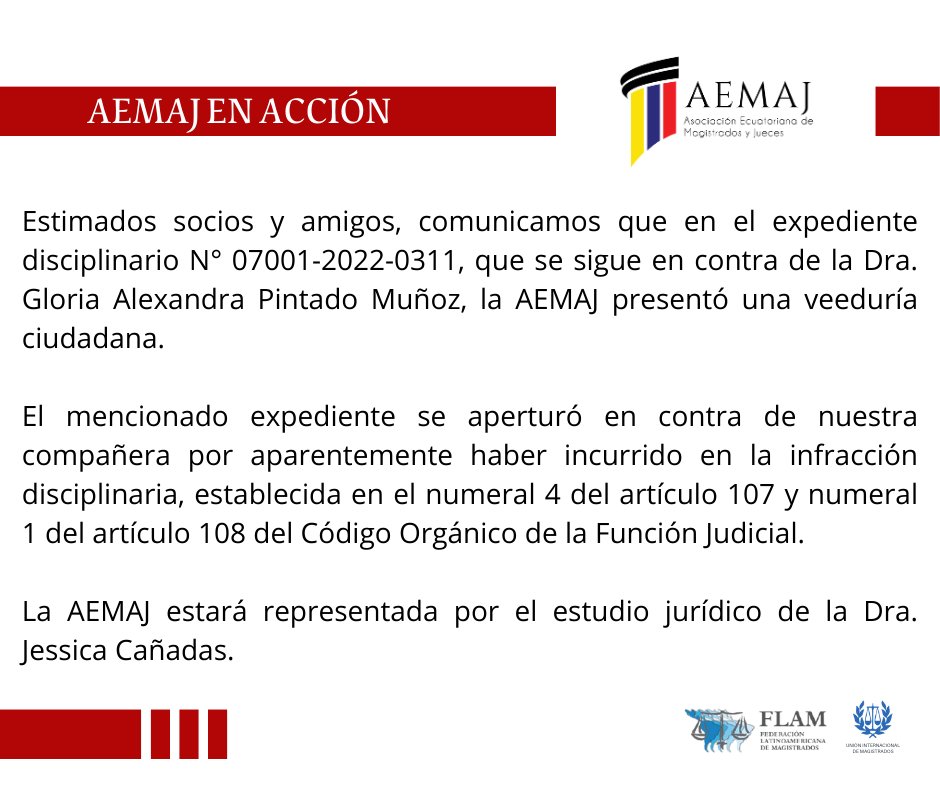 AsoJuecesEc's tweet photo. #AEMAJenAcción Comunicamos que en el expediente disciplinario N° 07001-2022-0311, que se sigue en contra de la Dra. Gloria Pintado Muñoz

La #AEMAJ presentó una veeduría ciudadana y estará representada por el estudio jurídico de la Dra. @JessicaCanadas https://t.co/sNC8veDwxq