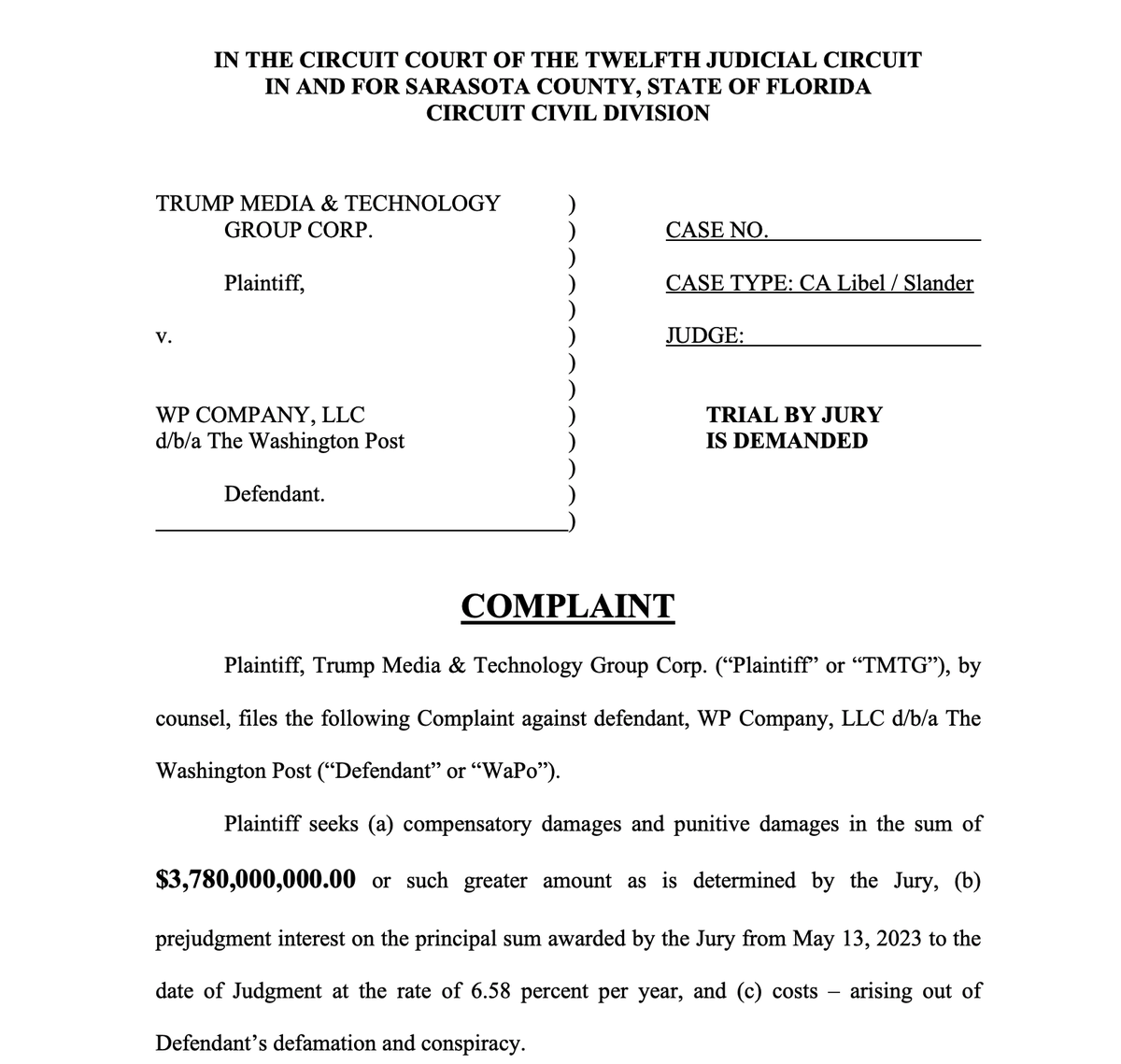 WendySiegelman's tweet photo. Trump Media &amp; Technology Group is suing the Washington Post for $3.8 billion for defamation 

Related to reporting on TMTG whistleblower Will Wilkerson &amp; Twitter/Mastodon activity

Link from John Solomon's Just the News (far-right friendly like Breitbart)
https://t.co/vJGjuPcjZX https://t.co/TvbtSMJQg2
