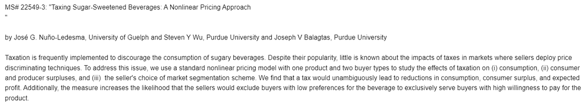 Forthcoming in the AJAE: "Taxing Sugar-Sweetened Beverages: A Nonlinear Pricing Approach," by José G. Nuño-Ledesma, Steven Y Wu, and Joseph V Balagtas