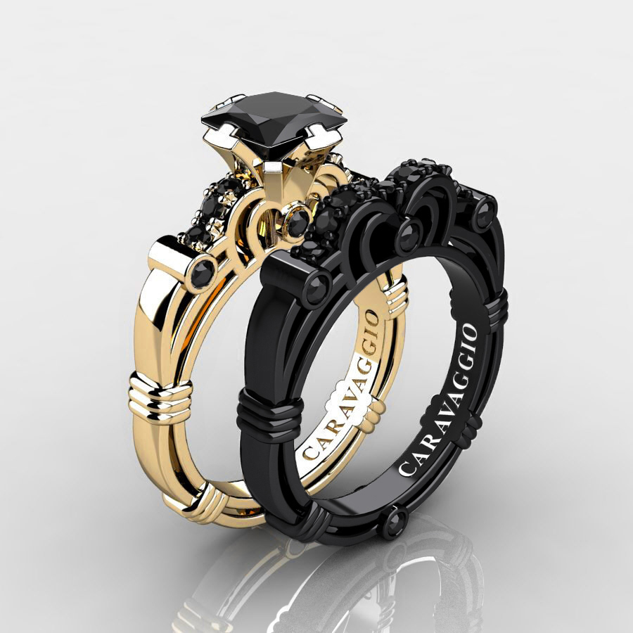 Exclusive 💎 caravaggiojewelry.com/?p=361011 Caravaggio 14K Yellow and Black Gold 1.25 Ct Princess Black Diamond Engagement Ring Wedding Band Set R623PS-14KYBGBD at Caravaggio™ Jewelry