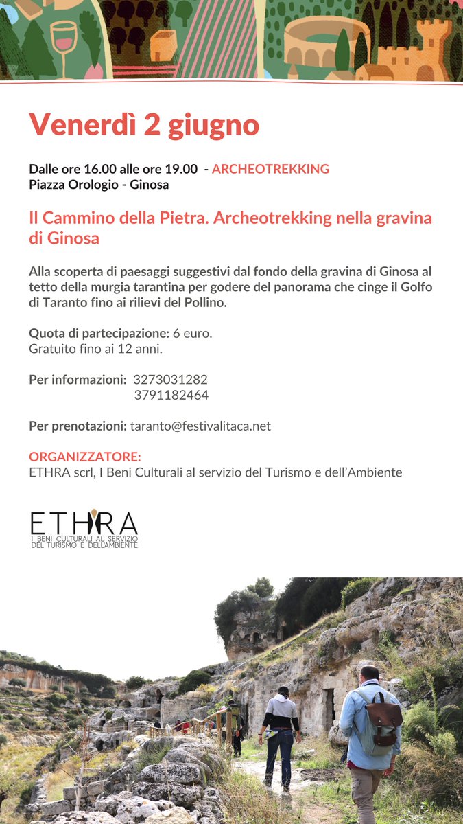 EthraArcheo's tweet photo. 🗓️ #2_Giugno 
#festivalitaca2023 #turismoresponsabile
#tuttaunaltrastoria #ITACA #Ginosa #Taranto #archeotrekking #ETHRA #trekking #archeologia #turismo #gravine #rupestre #WeAreInPuglia #Puglia https://t.co/iaMSSuGC7h