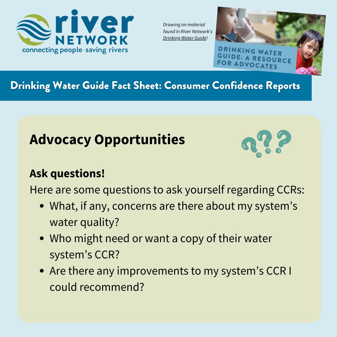rivernetwork's tweet photo. NEW RESOURCE 🌊 Drinking Water Guide Fact Sheet: Consumer Confidence Reports (CCRs)

This spring, the EPA is revising its drinking water CCR Rule. But what exactly is a CCR? We’ve pulled some key points from our Drinking Water Guide into a new fact sheet: https://t.co/eVs2JC50w1 https://t.co/DibnM0QEja
