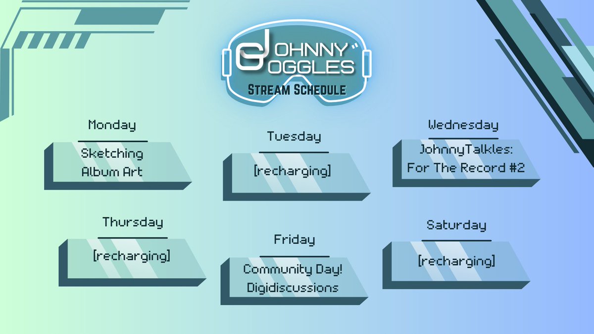 GogglesJohnny's tweet photo. I'm back! Thanks for waiting for me after my week off! We've got some fun stuff planned this week: sketching today @ 7:30 PM EST, For the Record interview Wednesday @ 7:30PM EST, and Community day Friday @ 8PM EST!

Start tuned for my For The Record guest reveal tomorrow!! https://t.co/xANpxSekNV