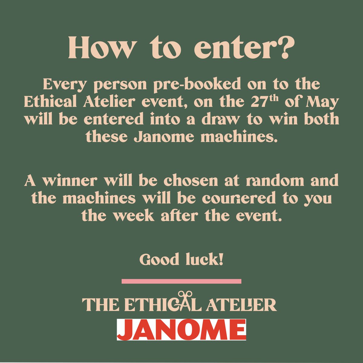JanomeUK's tweet photo. LAST CHANCE to enter our #GIVEAWAY before the #EthicalAtelier event this Saturday!

Simply pre-book your tickets for the chance to #WIN the #Janome219S AND the #Janome8002D overlocker 🤩

Winner announced before the event on 27th May.

Tickets here: https://t.co/i9FYtrHi3H https://t.co/nO4mMWx0aY