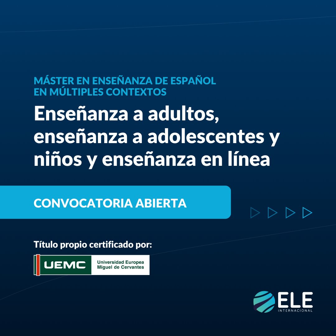 ELEIcursos's tweet photo. 👨🎓 Máster en enseñanza de español (ELE) en múltiples contextos, certificado por la Universidad Europea Miguel de Cervantes (UEMC):
✔️Enseñanza a niños, adultos y en línea
✔️1500 horas
✔️Modalidad online
✔️Convocatoria abierta
Más info 👉 https://t.co/26yBtOLjCK
#masterele https://t.co/KZQozZaIJJ