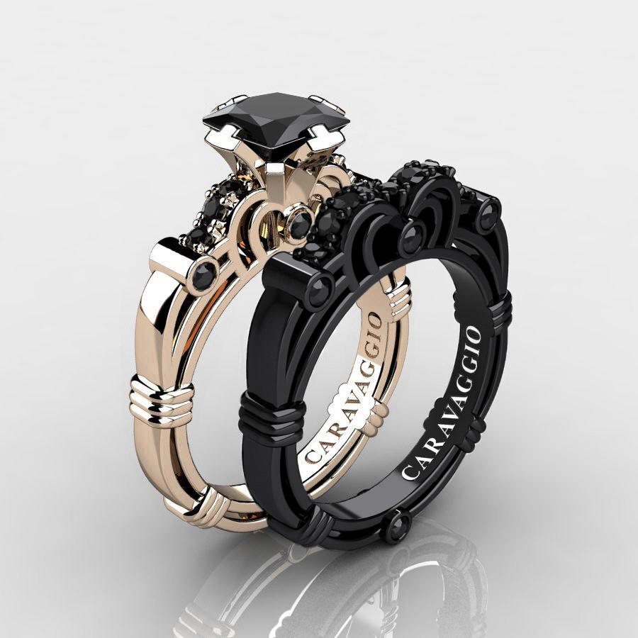 Exclusive 💎 caravaggiojewelry.com/?p=360822 Caravaggio 14K Rose and Black Gold 1.25 Ct Princess Black Diamond Engagement Ring Wedding Band Set R623PS-14KRBGBD at Caravaggio™ Jewelry