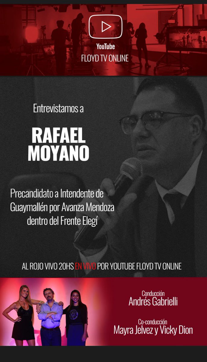 #AlRojoVivo 🎥🔴

Hoy a las 20, en vivo por <a href="/floydtvonline/">FLOYDTVONLINE</a> junto al mejor equipo <a href="/AndresGabrielli/">Andrés H. Gabrielli</a> y <a href="/mayrajelvez/">Mayra Jelvez</a> 

Nuestros invitados de esta noche son <a href="/rufeilok/">Raúl Rufeil</a> <a href="/laricchiahugo/">Hugo Laricchia 🍷</a> y <a href="/RafaMoyanoMza/">Rafael Moyano</a> 

Los esperamos! 🔜 📺