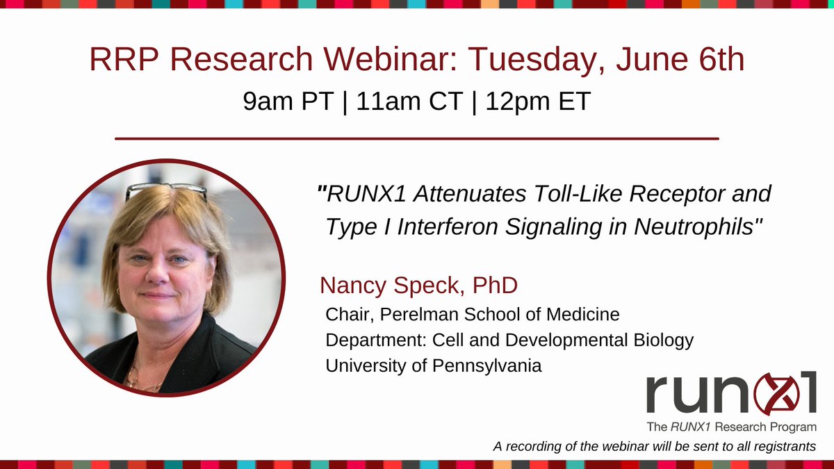 Join us for our upcoming RRP Research webinar featuring Dr. Nancy Speck of @labspeck on Tuesday, June 6th at 9 a.m. PT. 

Dr. Speck will share her findings on the regulatory role of #RUNX1 in #inflammation, uncovering its impact on the epigenetic control of TLR4 and type I IFN…