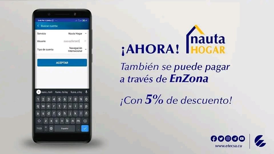 📌 A través de la plataforma de pago #EnZona los usuarios que cuentan con #NautaHogar pueden pagar este servicio con un 5% de descuento.
#CubaPorLaTransformaciónDigital