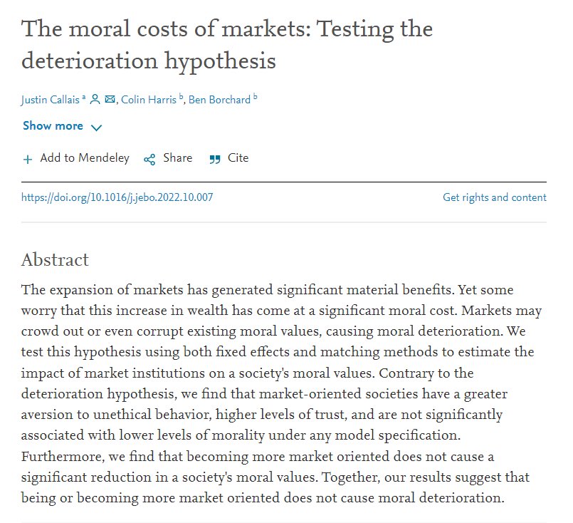 SteveStuWill's tweet photo. "Contrary to the deterioration hypothesis, we find that market-oriented societies have a greater aversion to unethical behavior, higher levels of trust, and are not significantly associated with lower levels of morality." https://t.co/DycEfWBgiB https://t.co/1UpBqty60N