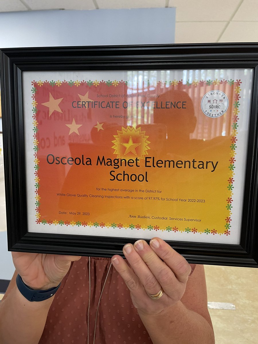 We’ve won the SDIRC White Glove Award again this year!🎉 Highest % of cleaning inspections in the district & our head custodian had the 3rd highest averages in the district! TY to our head custodian for modeling high expectations & to our custodial staff for keeping us healthy!