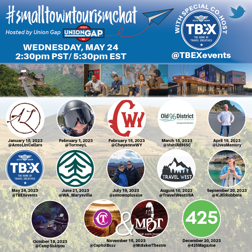 Excited 4 #SmallTownTourismChat w/@TBEXevents prepping for #TBEXEauClaire in @VisitEauClaire. Allstar '23 lineup of @AntoLinCellars @CheyenneWY @VisitOld96SC @LiveaMemory @WA_Marysville @TravelWestUSA @KJillRobbins @CampSiskiyou @CapitolBuzz @MtBakerTheatre @425Magazine Join us!
