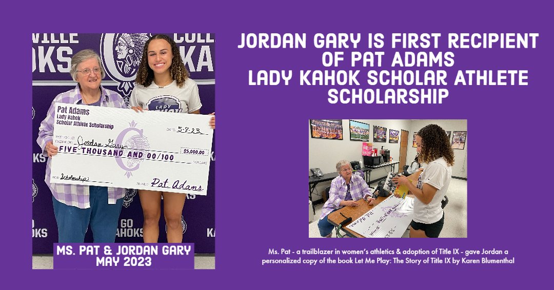 CUSD10's tweet photo. Recent CHS grad Jordan Gary was awarded the 1st Pat Adams Lady Kahok Scholar Athlete scholarship. Ms. Pat-a HUGE Kahok fan, retired educator &amp; Title IX pioneer-created the scholarship through the Collinsville Area Community Foundation @KahokAthletics #thekahokway #proudtobeakahok https://t.co/NUWrB0gek6