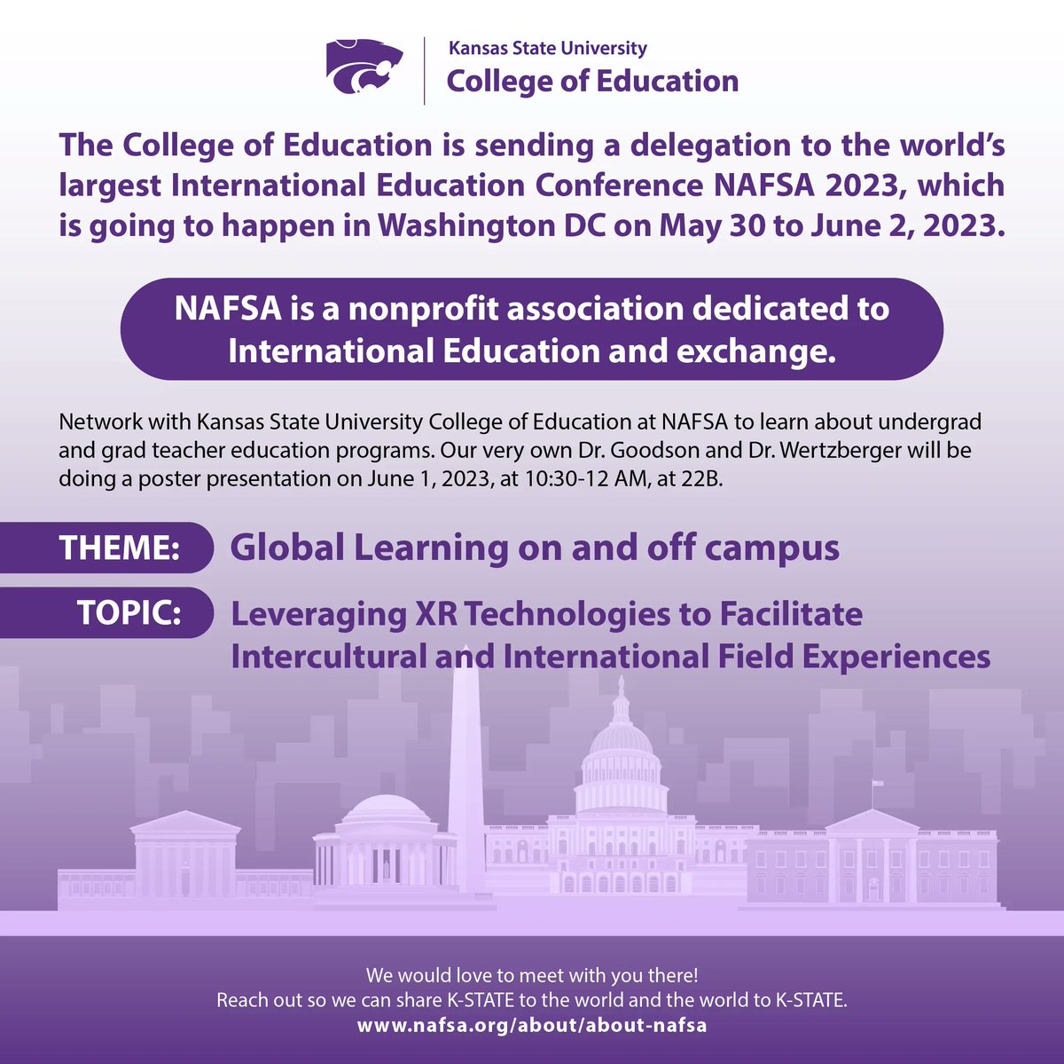 Join us and be apart of the COE delegation as we make  a trip to Washingotn D.C. for the NAFSA International Education Conference from May 30th to June 2nd! More info: bit.ly/3oqxkpi Email globaledoutreach@ksu.edu to connect.
<a href="/NAFSA/">NAFSA</a> <a href="/NelofarKhamisa1/">Nelofar Khamisani</a> @monamenking