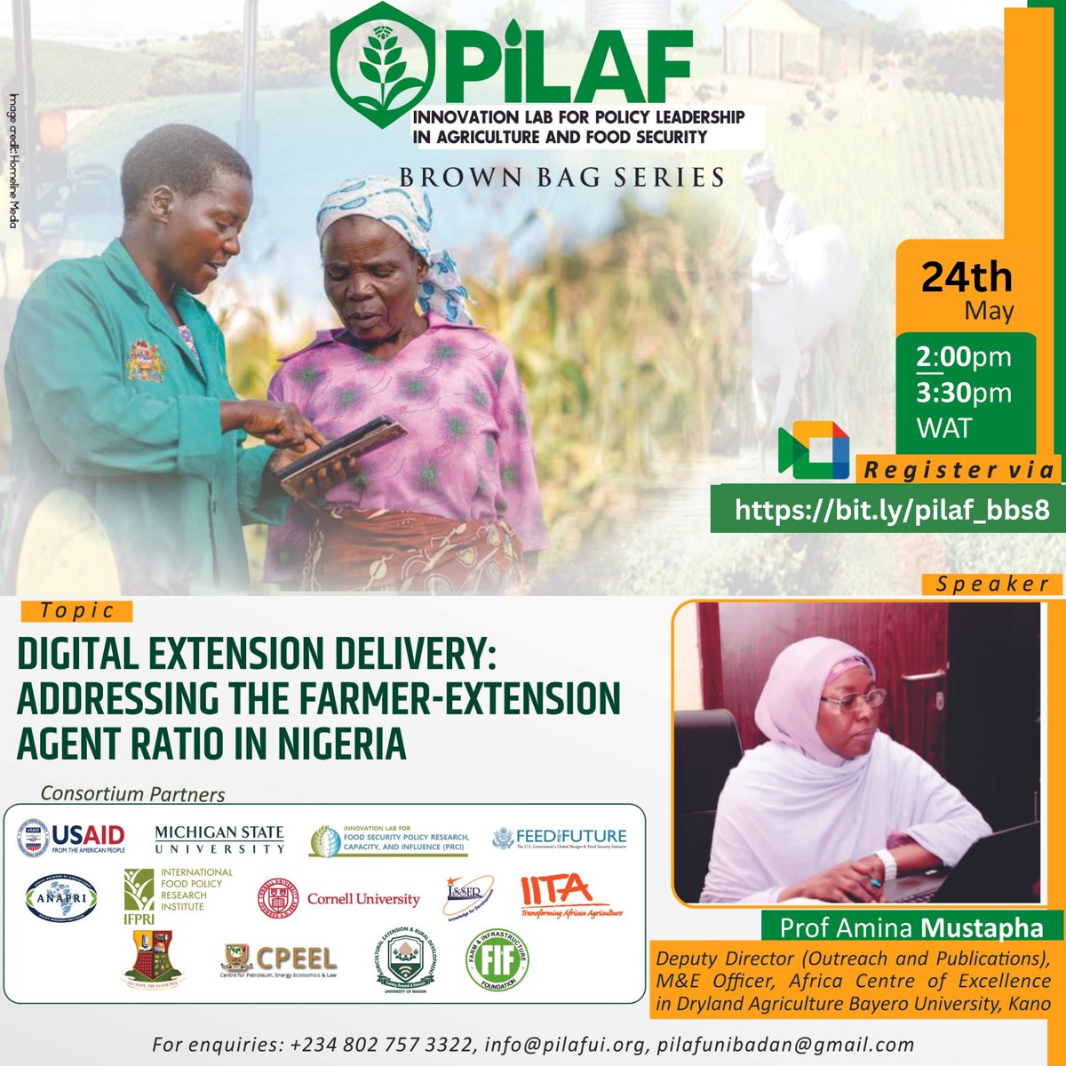 Pilaf_ui's tweet photo. Join us for another insightful and enlightening Brown Bag Series. 
In this edition, the topic to be considered is: Digital Extension Delivery: Addressing the Farmer-Extension Agent Ratio in Nigeria. 

Register via https://t.co/rooxiQOLxv

#research
#policy
#extension
#agriculture https://t.co/Y2HH505ipx