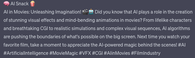 🧠 AI Snack 🍿
#AI #ArtificialIntelligence #MovieMagic #VFX #CGI #AIinMovies #FilmIndustry