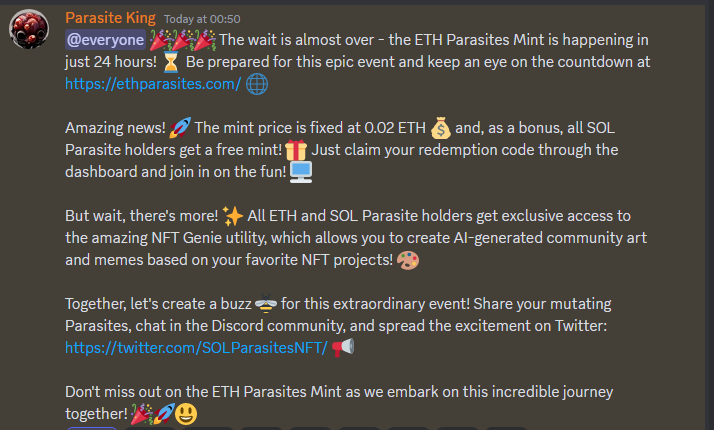 Attention #NFT degens! <a href="/SOLParasitesNFT/">Parasites</a> are minting on #ETH.

Free mint for every parasite you hold, just need pay gas and mint is open for a week for holders.