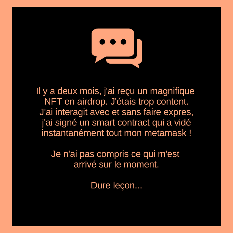 UlysseEclaireur's tweet photo. Il y a deux mois, j'ai reçu un magnifique NFT en airdrop. J'étais trop content. J'ai interagit avec et sans faire expres, j'ai signé un smart contract qui a vidé instantanément tout mon metamask !

Je n'ai pas compris ce qui m'est arrivé sur le moment.
Dure leçon... https://t.co/EKTVEyKB8r