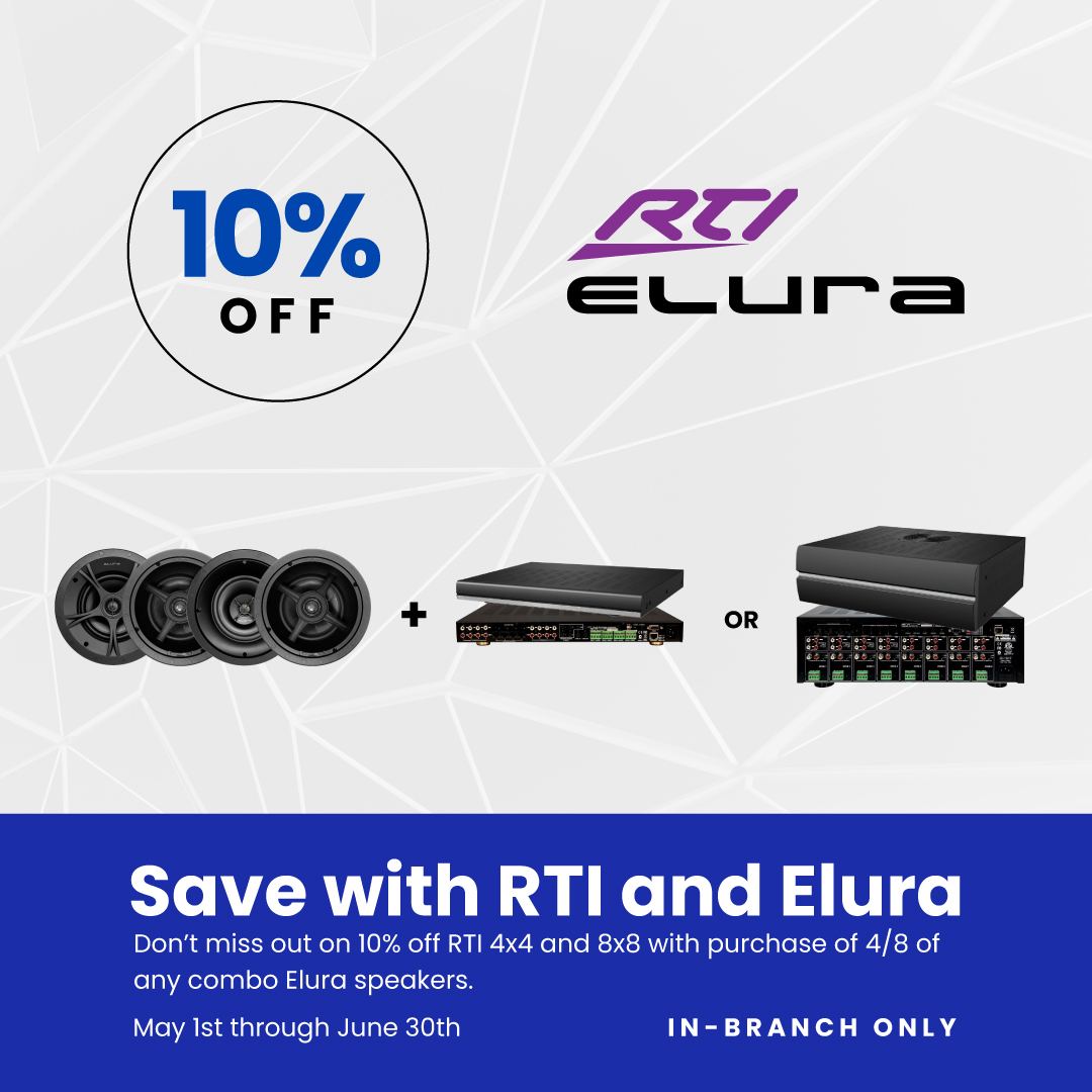 Save 10% when you purchase any 4 Elura Architectural speakers and an RTI AD-4x or AD-8x! This promotion is only valid in your local branch, and additional restrictions apply. Call your rep for details! 

#distributors #customintegrator #consumerelectronics #custominstall