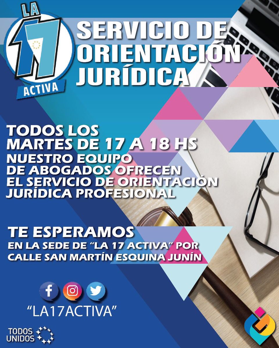 #ConsultasActivas 

✅MARTES  de 17 a 18hs - Servicio de Orientación Jurídica ✅ 

Nuestros compañeros atenderán en la sede de la agrupación, en calle San Martín y Junín💙👏

 #La17Activa #Consultas #GobiernoDeFormosa #JorgeIbañez #CeciliaBloser