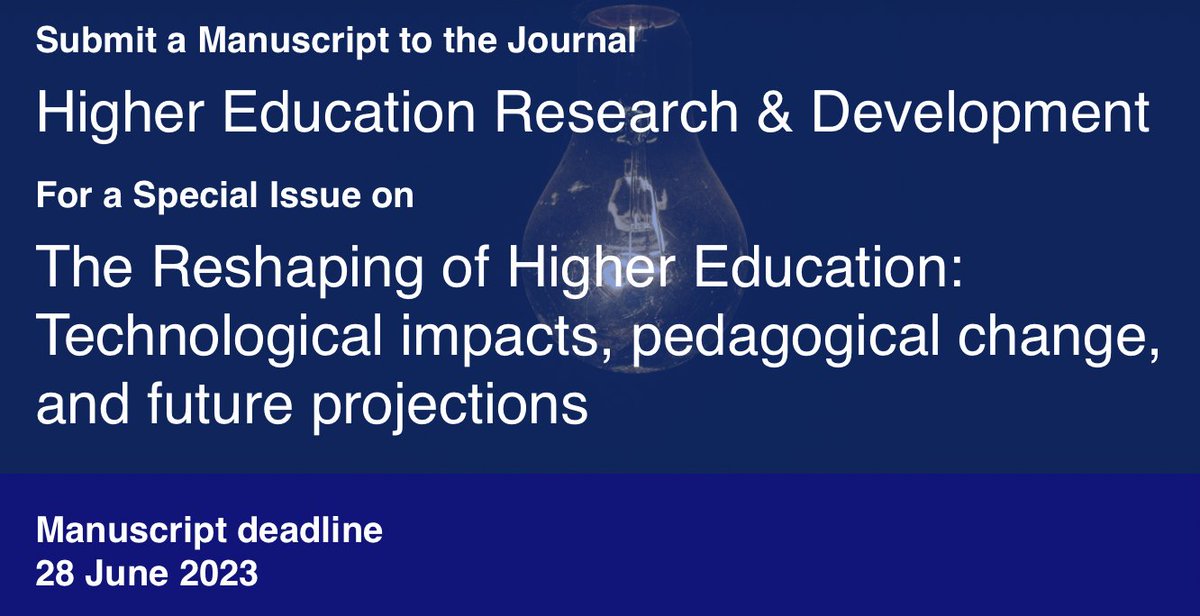 Call for papers - please share

The Reshaping of Higher Education: Technological impacts, pedagogical change, and future projections

Special Issue Editors: <a href="/LiaBlajWard/">Lia Blaj-Ward (PhD, PFHEA)</a> Neal Dreamson <a href="/StephenM_NZ/">Dr. Stephen Marshall</a> <a href="/JYNyanjom/">Julie Nyanjom, PhD</a> Massimiliano Tani

Papers by 28 June 2023

→ think.taylorandfrancis.com/special_issues…