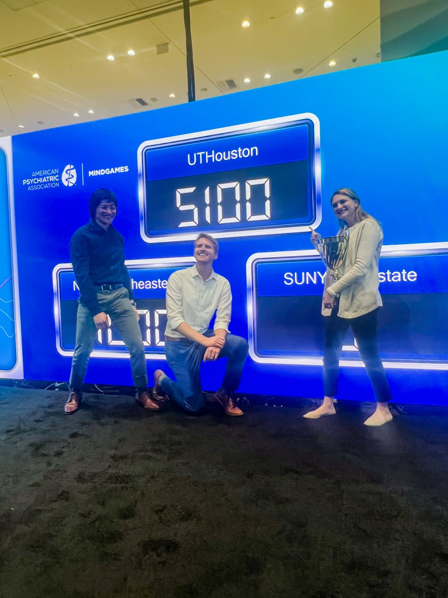 uthpsychiatry's tweet photo. UTHealth Houston Psychiatry is once again back to back winners of the APA Mind Games! Congratulations to everyone and our competitors, Dr. Caroline McCool, Dr. Hunter Hinman, and Dr. Daniel Liaou! Awesome way to show what we can do! #uthealthhouston #psychiatry #apaconference https://t.co/QRuEgu62q3