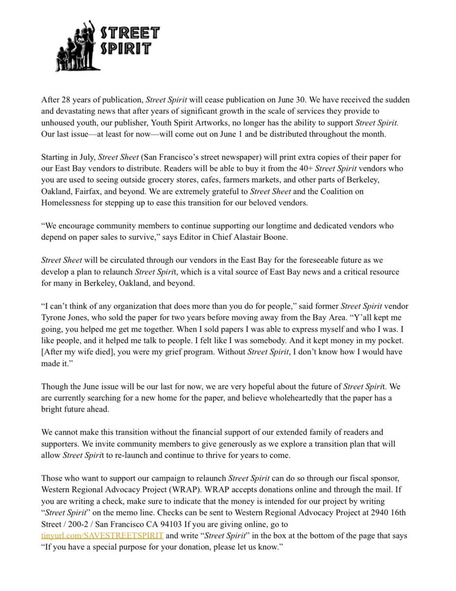 It’s hard for me to express how deeply devastated I am by this news. After 28 years of uplifting the voices and stories of unhoused people in the East Bay, Street Spit will halt publication starting July 1. My hope is that this is temporary. Info below ⬇️