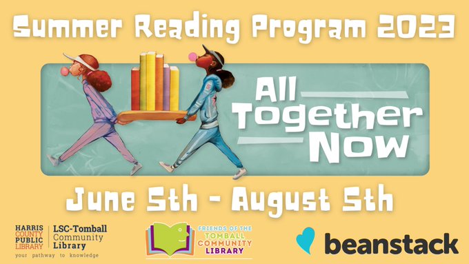 tomballlibrary's tweet image. Pre-register for HCPL’s Summer Reading Program! 😎 📷 This year&apos;s theme is “All Together Now!” Join us from 6/5 - 8/5 to log your reading minutes on Beanstack and earn prizes!

Sign up for Beanstack: bit.ly/42HKL2N 

#harriscountypl #tomballlibrary #hcplsrp2023