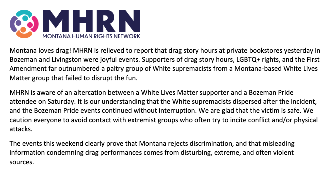 White supremacists failed to shut down drag events this weekend in Bozeman and Livingston. The real story for the weekend was joy and love! Drag fans and LGBTQ+ community members and allies far outnumbered a few violent extremists. Love wins in Montana! /1