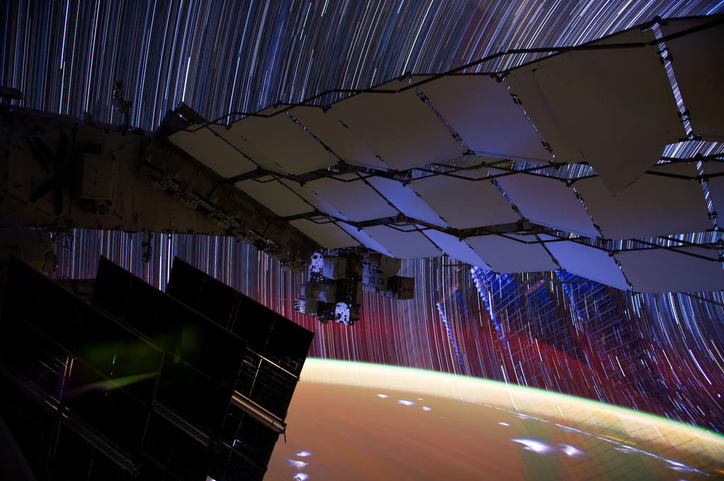 Don Pettit (@astro_pettit) on Twitter photo Star trails taken with orbital #astrophotography show passage of time, but with the right setup a snapshot of an object in time, usually motionless relative to camera, can be fixed into view. This photo I call "Wings" demonstrates this effect with the <a href="/Space_Station/">International Space Station</a> radiators. Star trails taken with orbital #astrophotography show passage of time, but with the right setup a snapshot of an object in time, usually motionless relative to camera, can be fixed into view. This photo I call "Wings" demonstrates this effect with the <a href="/Space_Station/">International Space Station</a> radiators.