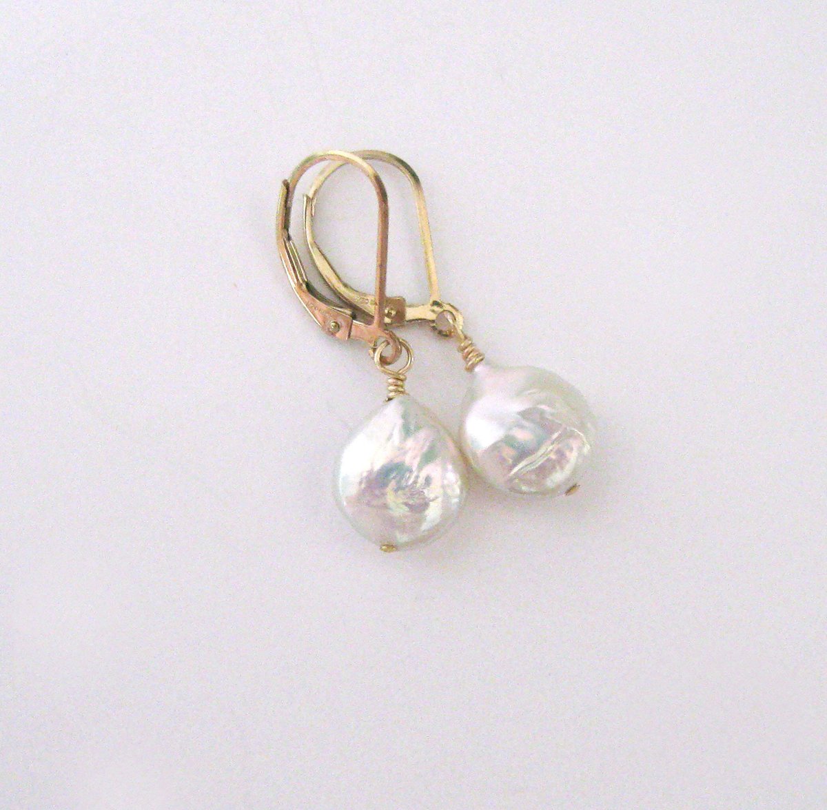 White Cream Baroque Coin Pearl Goldfilled Leverback Earrings, Freshwater Pearls with Pastel Iridescence tuppu.net/d99d5aac #Etsy #SendingLoveGallery #Sendinglovegallery