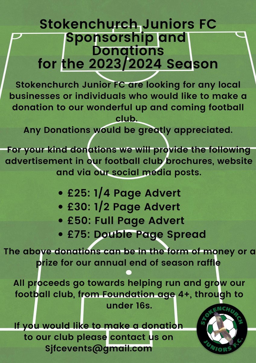 We’re raising money for our club by selling advertising space in our end of season awards day programme. Pay either by cash or by donating a prize from your business. See details below