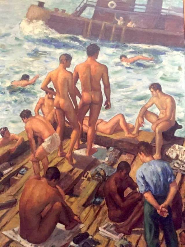 OBeyzaga's tweet photo. Edward Casey, Stevedores Bathing Under the Brooklyn Bridge, 1939 #edwardcasey https://t.co/CAtBnBZxjg
