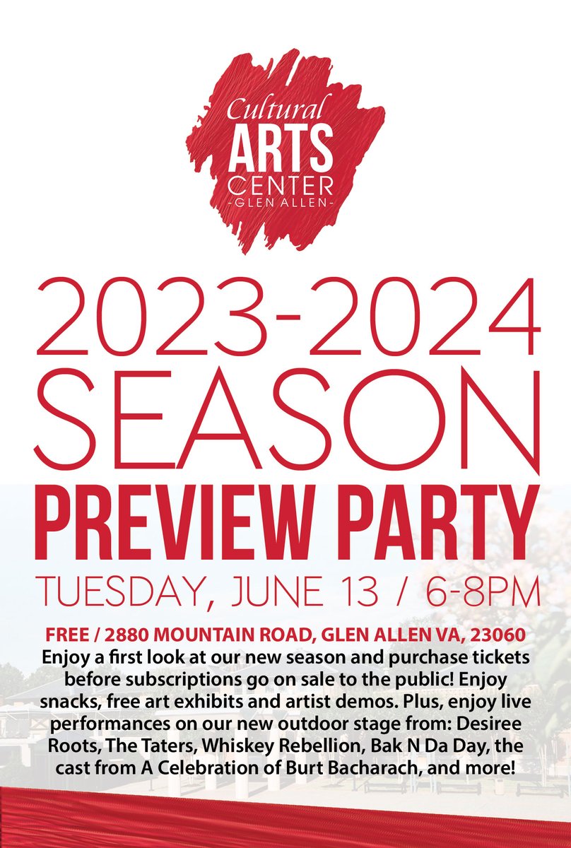 Join us at our 2023-2024 Season Preview Party on Tuesday, June 13th, where you can attend in person to purchase tickets before subscriptions go on sale to the public! Enjoy snacks, a wine/beer cash bar, free art exhibits and artist demos. Plus, enjoy live performances! #rvamusic