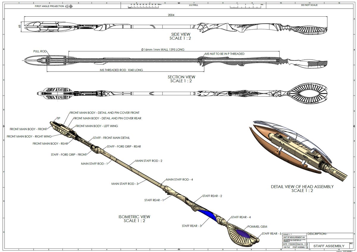 lilykill1's tweet image. About 1/2  to 2/3&apos;rd&apos;s done on the #stargate Staff weapon drawing, just trying to make sure I have all the fixing details for all the items and details for the steel tube and threaded bar correct. #drawing #propbuild