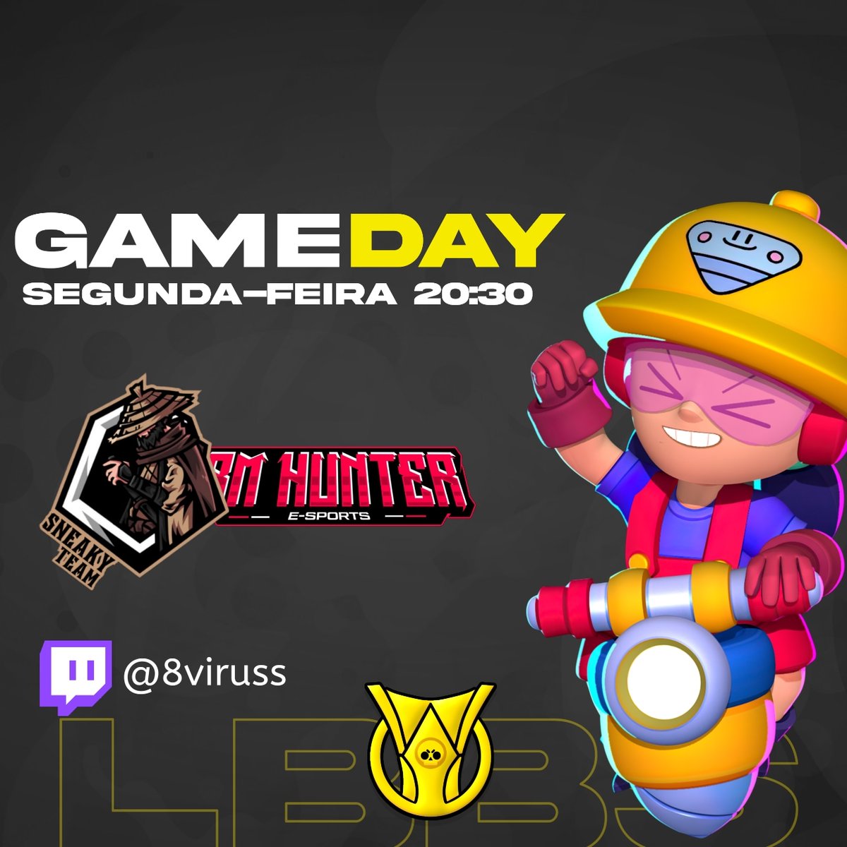 | #GameDay 

É DECISÃO! SE A ATUAL LÍDER PERDER FICA TUDO EM ABERTO! 🔥

Hoje às 20:30 teremos a transmissão desse JOGÃO entre Sneaky e <a href="/BMHUNTERESPORTS/">BM HUNTER E-SPORTS</a>, diretamente do canal da Twitch do <a href="/8Viruss_/">8Viruss</a>.

#brawlstars #campeonato #jogo #desafio #supercell #placar #twitter #instagram
