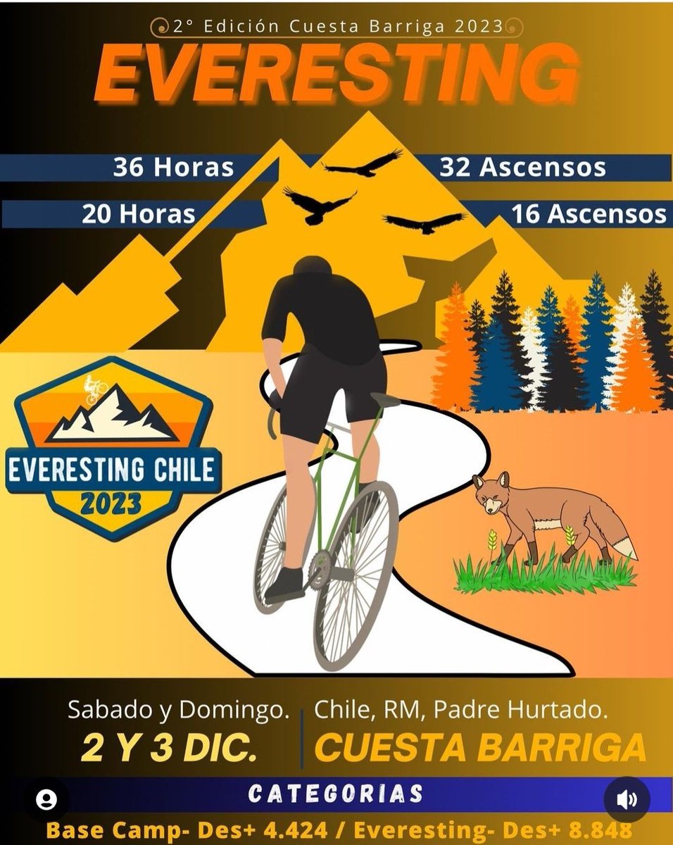 #EverestingChile 2ª Edición en Cuesta Barriga año 2023

El día 2 y 3 de diciembre en dos categorías #Everesting 32 ascenso en 32 horas y #BaseCamp 16 ascenso en 20 horas.

CUPOS LIMITADOS