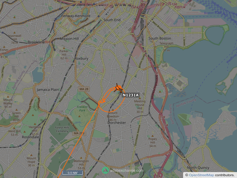 N1231A, a Eurocopter Squirrel AS.350 B2, is circling over Dorchester, Boston at 700 feet, speed 4 MPH, 0.0 miles from Library globe.adsbexchange.com/?icao=a06153&z…