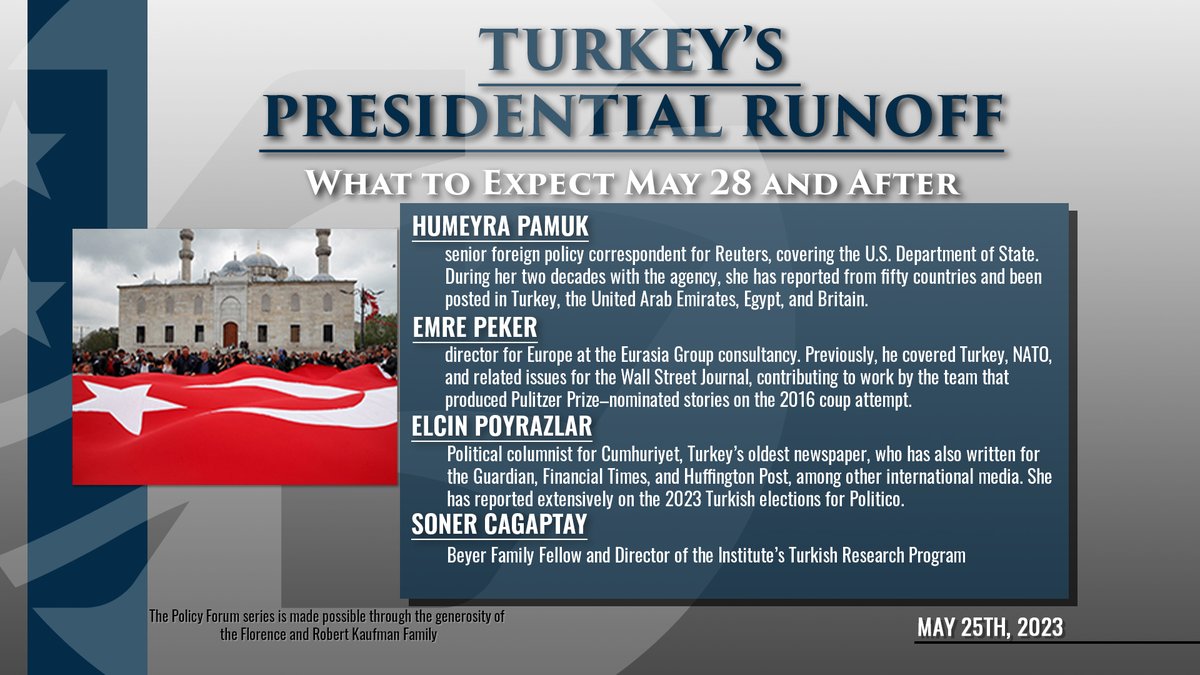 Tune in for a fascinating discussion with @humeyra_pamuk, @EPspin, @elcinpoyrazlar, and @SonerCagaptay on #Turkey's runoff elections. 🗓️Thursday, May 25 ⏰12:30PM ET 📺youtube.com/watch?v=ke2rbb…